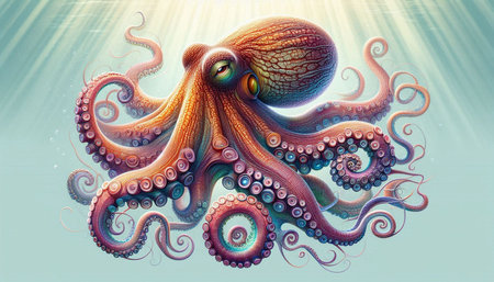 Octopus in the sea. 3D illustration. Vintage style.