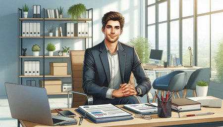 Portrait of handsome young businessman in suit and eyeglasses sitting at office desk with laptop and...