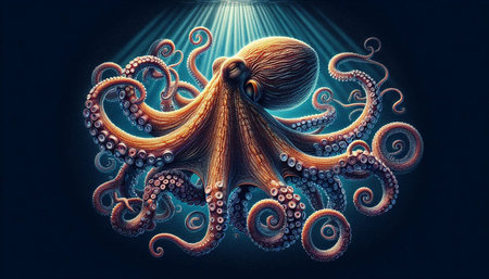 Octopus on a dark background with rays of light. 3d renderingの写真素材