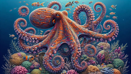 Octopus in the Red Sea. 3D illustration. Colorful background.
