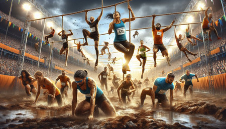 3D illustration of a mixed race group of athletes running at a stadium