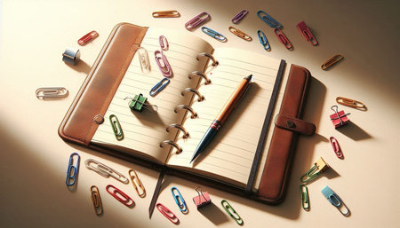 Notebook with pen and paper clips on the table. Top view