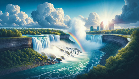 Niagara Falls panorama with rainbow in sky. 3d renderingの写真素材
