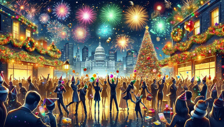 New Year's Eve in the city. Crowd of people on the background of the New Year's tree.の写真素材