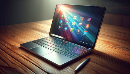 Laptop on a wooden table. 3d rendering toned image