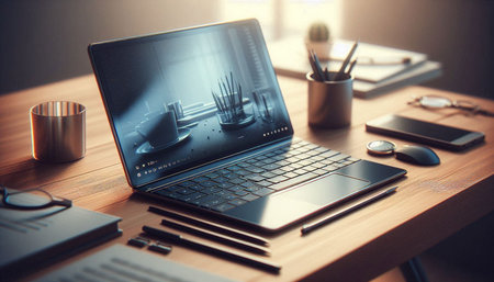 Close up of laptop on wooden desktop with office accessories. 3D Rendering
