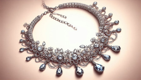 Luxury silver bracelet with diamonds on a beige background.