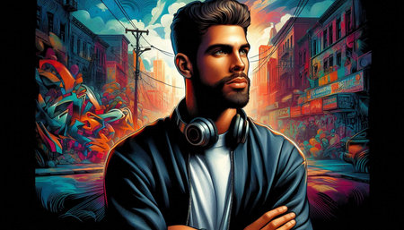 Portrait of a handsome young man with headphones. Urban scene.