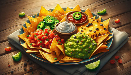 Nachos with guacamole and salsa dip on wooden backgroundの写真素材