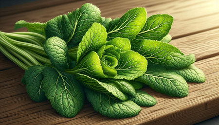 Bunch of fresh green chinese cabbage on a wooden board.