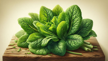 Bunch of fresh spinach on wooden cutting board. Toned.