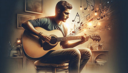 Young man playing acoustic guitar in room. Music concept. 3D Rendering