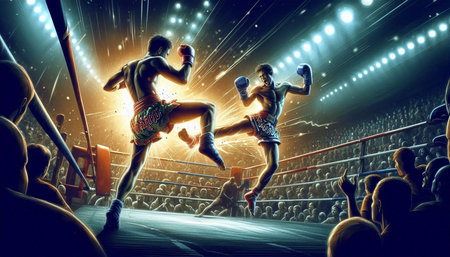 Boxing match concept with two boxers fighting in ring. Mixed media