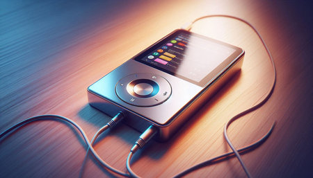 music player on the wooden table, close up of mp3 player