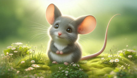 Cute little mouse on green grass background. 3d illustration.の写真素材
