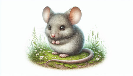 Cute gray mouse sitting on green grass isolated on white background.の写真素材