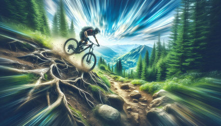 Mountain bike rider on the trail in the high mountains. 3D illustration