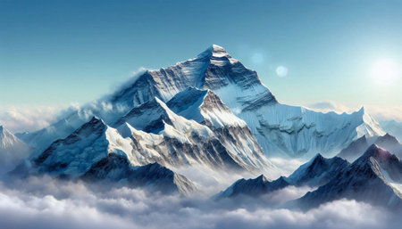 Mountains in the clouds. Panoramic view of the Himalayas.の写真素材