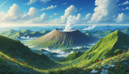 Beautiful fantasy landscape with volcano. 3D rendering. Computer digital drawing.