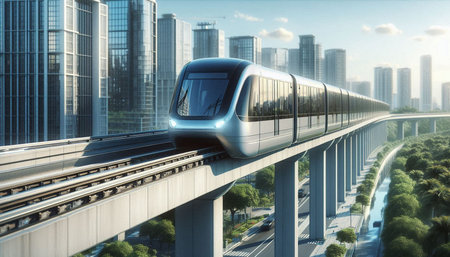 High-speed train on the bridge in the city. 3d rendering