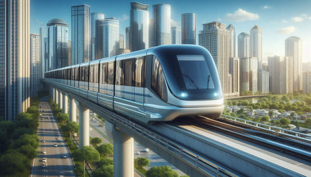 High-speed train on the background of the modern city. 3d rendering