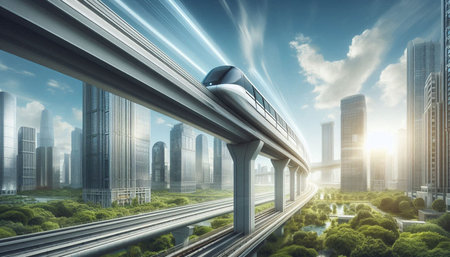 highway with modern cityscape and green trees in shanghai