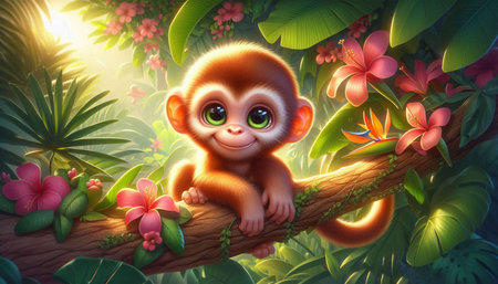 3D rendering of a cute monkey sitting on a branch surrounded by tropical plants