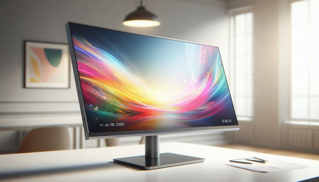 Modern desktop with computer monitor and colorful abstract background. 3D Rendering