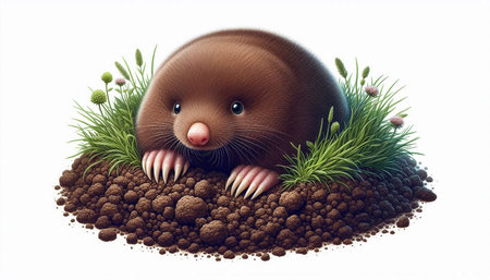 Mole in the soil isolated on white background. 3D illustration.