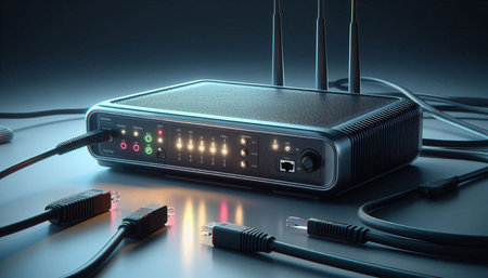 Wi fi router with network cables on dark background. 3d rendering