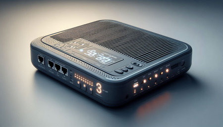 3d rendering of a black radio tuner on a gray background