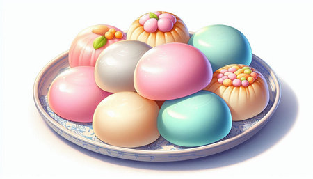 Japanese confectionery in a plate on a white background. 3d rendering