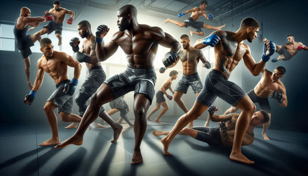 Boxing concept with 3d rendering of mixed martial arts fighters in action