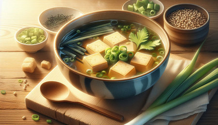 Bowl of soup with tofu and vegetables on wooden table, closeup