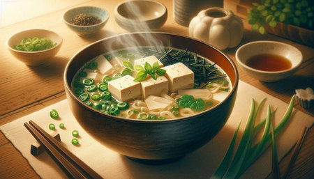 Japanese miso soup with tofu and green onion in bowl on wooden table
