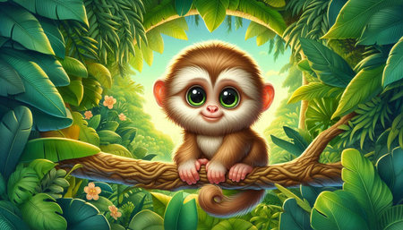cartoon scene with cute monkey in the jungle - illustration for children
