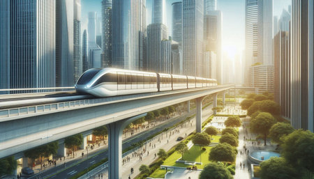 High-speed train in the city at sunset. 3d rendering