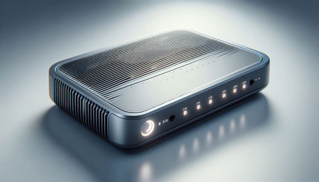 3d rendering of a wireless router on a reflective surface with some reflections