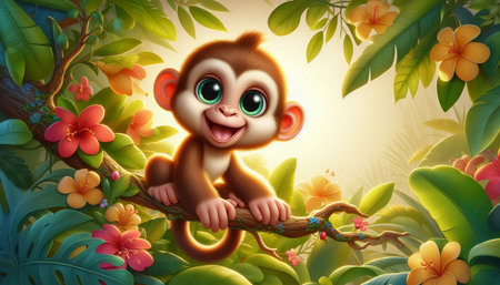 cartoon scene with happy monkey in the jungle - illustration for children