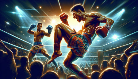 Boxing match in arena. Mixed media. Mixed media. Mixed mediaの写真素材