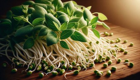 Sprouts of green peas and sprouts on a wooden table.
