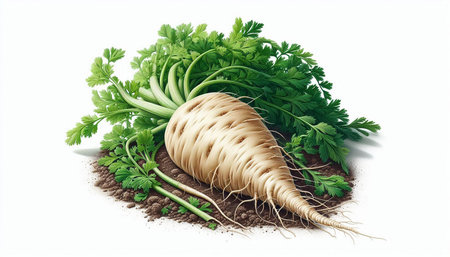 Parsley root with green leaves isolated on white background. 3D illustration.