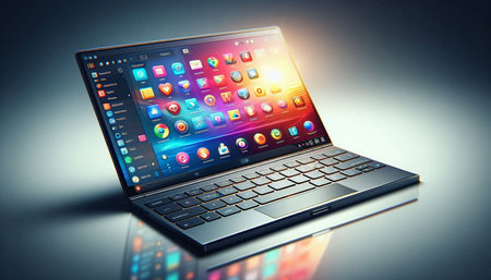 Modern laptop with colorful apps on the screen. 3d illustration.
