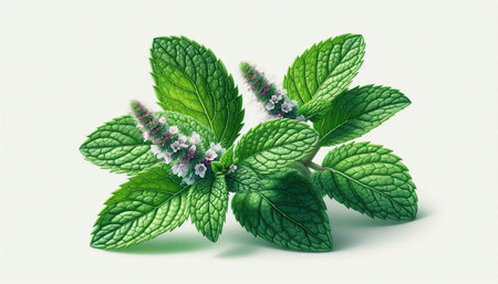 Mint leaves with flowers on a white background. Vector illustration.