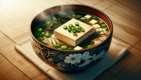 Vietnamese soup with tofu and vegetables in bowl on wooden table