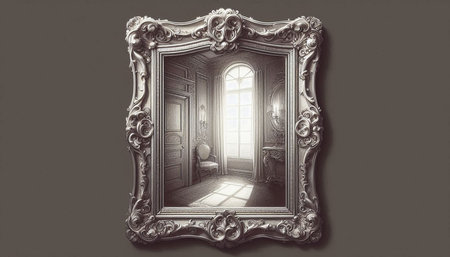 Vintage picture frame with window and door. 3D illustration.