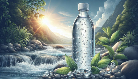 Plastic bottle with mineral water and green leaves on stone background.