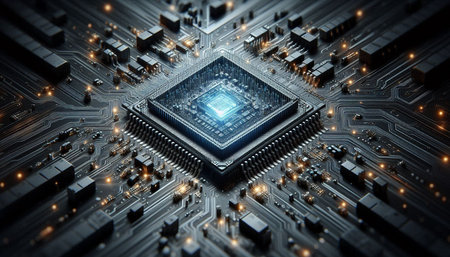Close up of electronic circuit board. 3d rendering with DOF