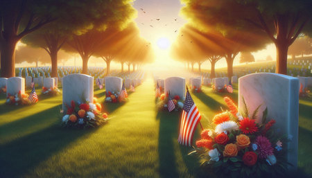 Graves with flowers at sunset. 3d render, 3d illustration.