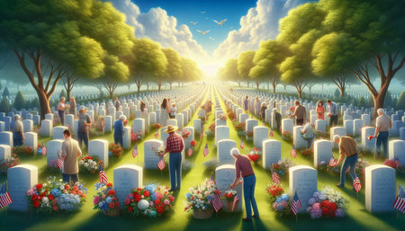3d rendering of a group of people at a cemetery with gravestones